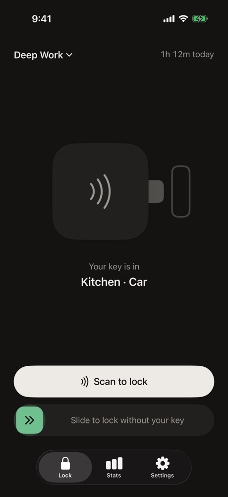 Latch Home screen: 1h 12m locked today, Deep Work mode, Scan to lock