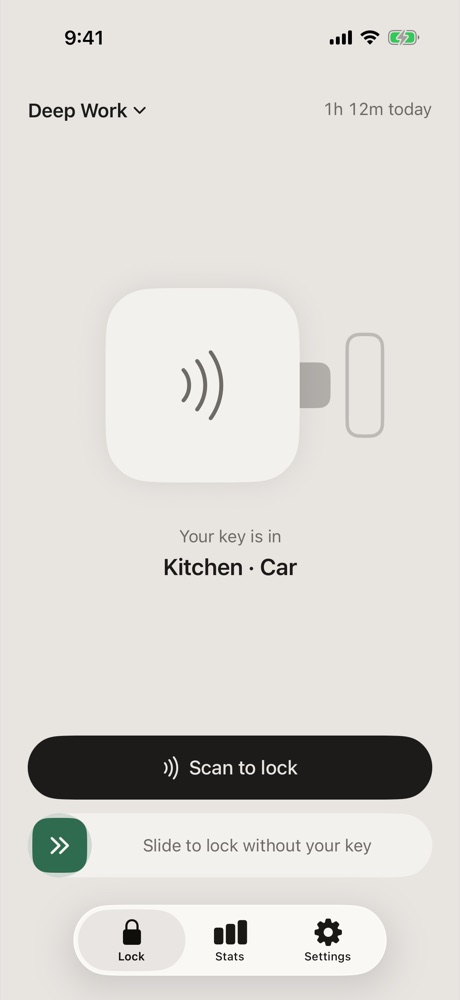Latch Home screen: 1h 12m locked today, Deep Work mode, Scan to lock