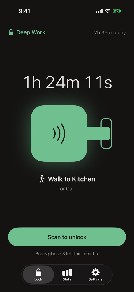 Latch locked for 1 hour 24 minutes in Deep Work mode, with Scan to unlock