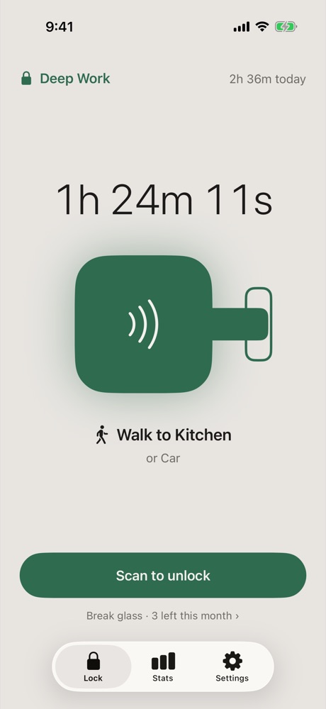 Latch locked for 1 hour 24 minutes in Deep Work mode, with Scan to unlock